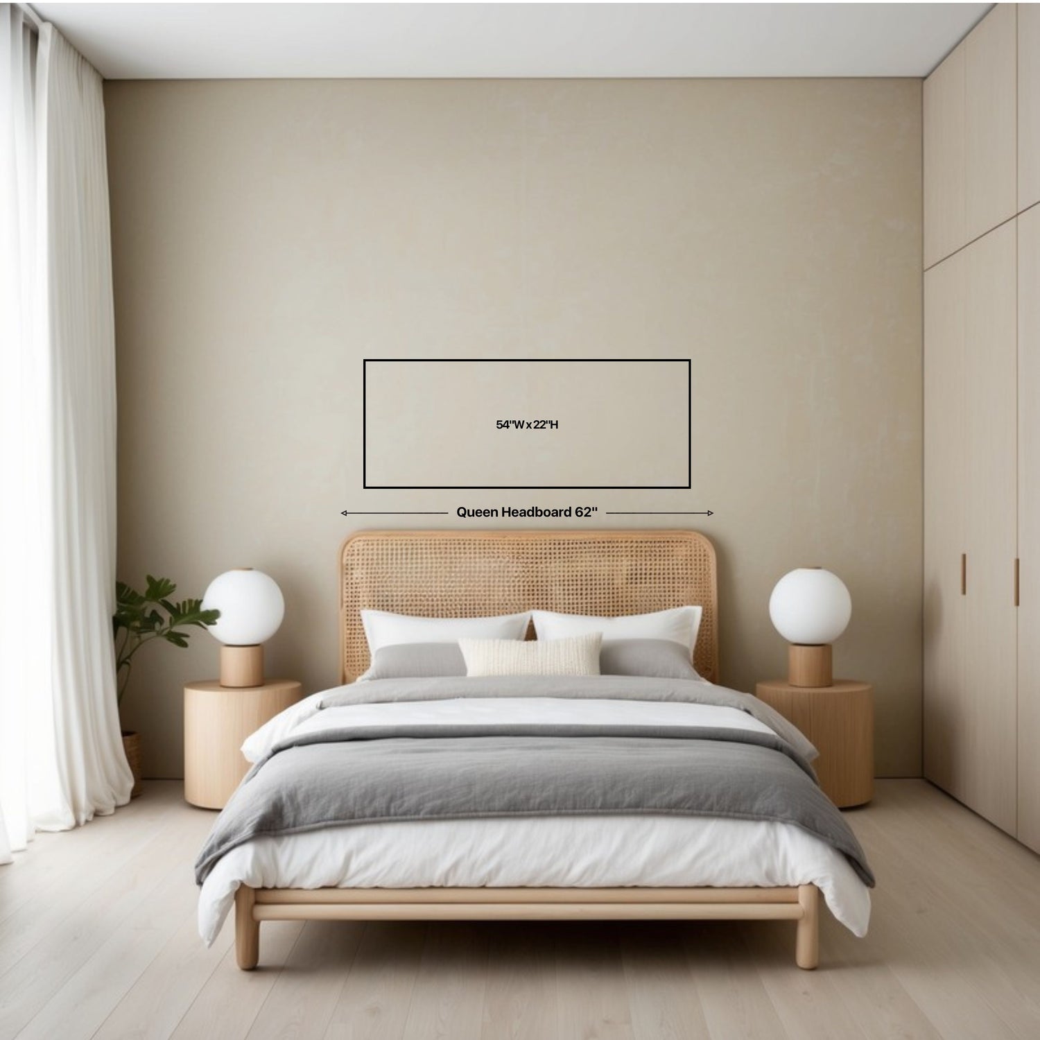 Wall art size guide on a bedroom wall above a queen size bed