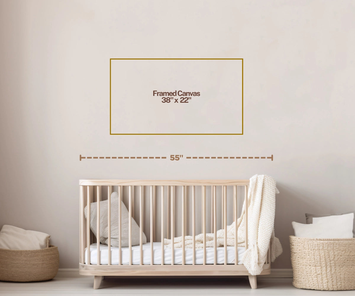 Wall art size guide on a nursery wall above a wooden crib