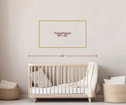 Wall art size guide on a nursery wall above a wooden crib