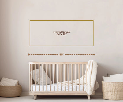 Wall art size guide on a nursery wall above a wooden crib