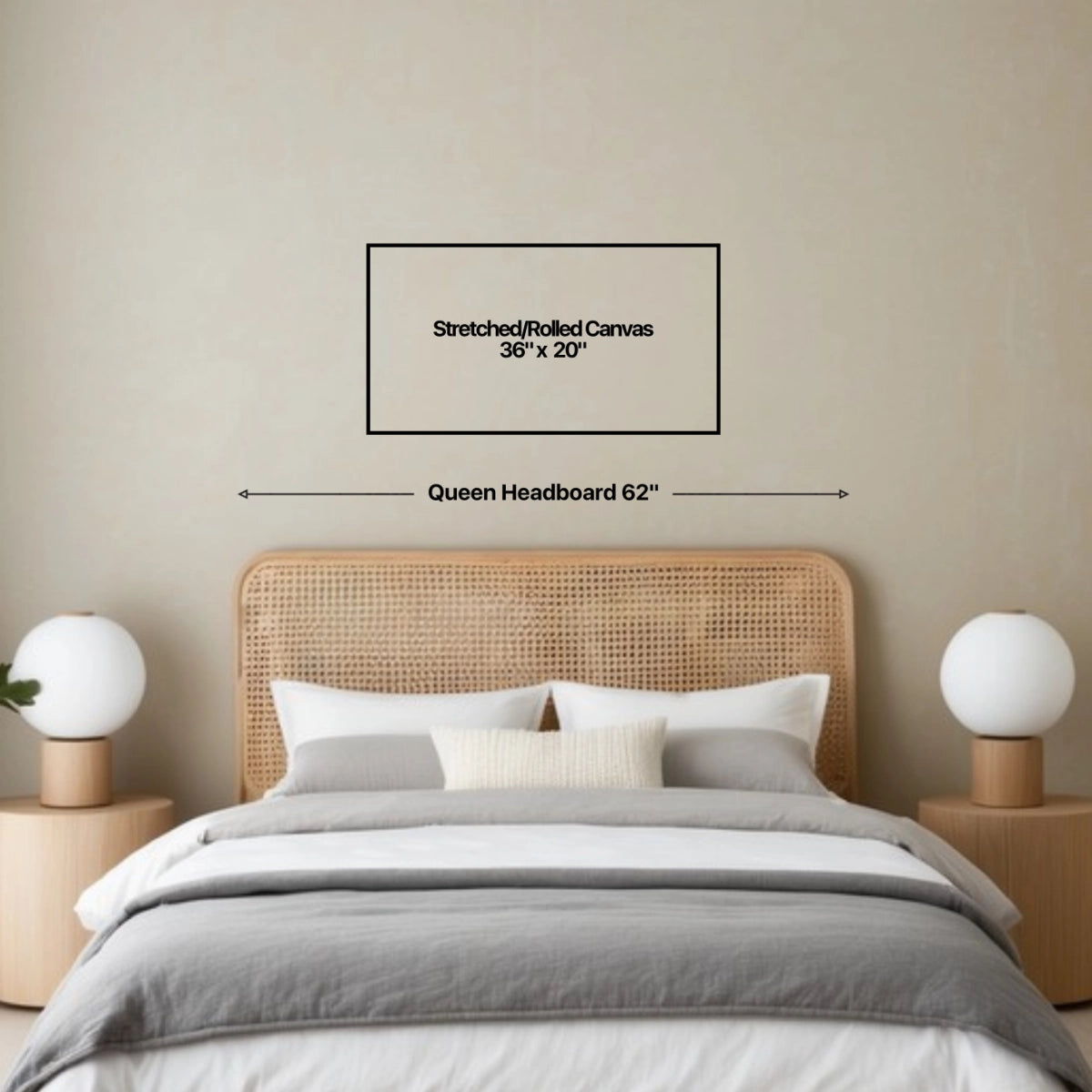 Wall art size guide on a bedroom wall above a queen size bed
