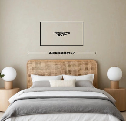 Wall art size guide on a bedroom wall above a queen size bed