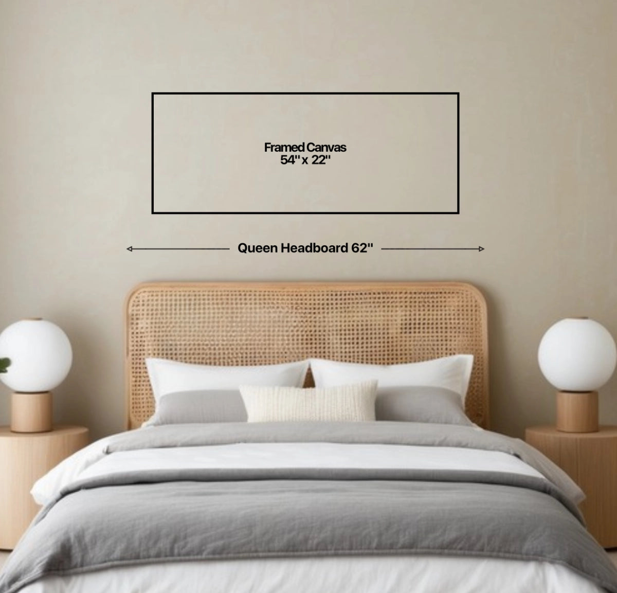 Wall art size guide on a bedroom wall above a queen size bed